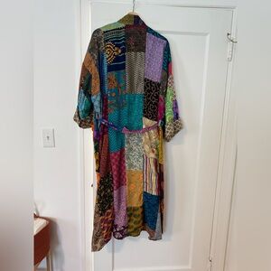 One-of-a-kind Recycled Silk Sari Patchwork Kimono w/ cotton inside